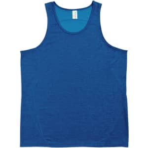 A blue men's singlet made of 100% polyester, featuring a simple design and a logo.