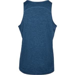 A blue men's singlet made from 100% polyester, featuring a back design and a branding logo.