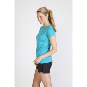 A teal athletic T-shirt featuring a fitted design, paired with black shorts, with a logo visible.