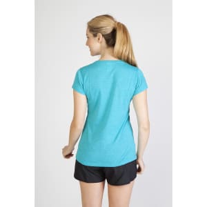 A women's athletic T-shirt in turquoise, featuring a fitted design and short sleeves, viewed from the back.