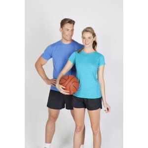 A blue athletic T-shirt worn by a man and a turquoise T-shirt worn by a woman, both in sports attire with shorts.