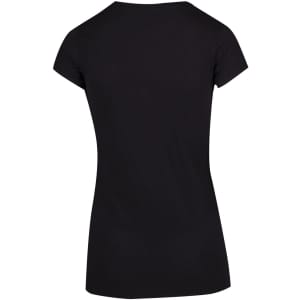 A black women's athletic T-shirt with a fitted design and short sleeves, featuring a simple back view.