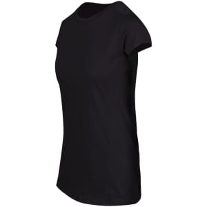 A black women's athletic T-shirt with short sleeves and a fitted design, featuring a logo.