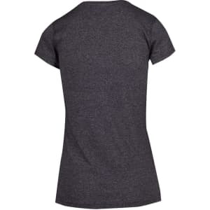 A women's athletic t-shirt in dark grey, featuring a fitted design and short sleeves. It has a logo on the back.