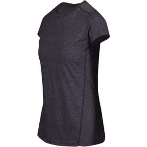 A women's athletic t-shirt in dark grey with short sleeves, featuring a branded logo.