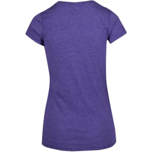 A purple women's athletic T-shirt with a fitted design and short sleeves, featuring a logo on the back.