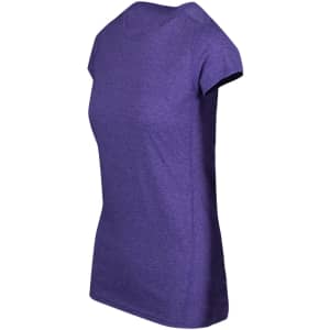 A purple athletic T-shirt with short sleeves and a fitted design. It features a logo on one side.