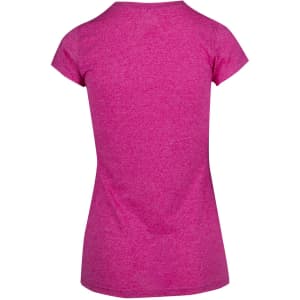 A back view of a women's athletic T-shirt in vibrant pink with a fitted design and short sleeves.