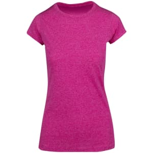 A pink women's athletic T-shirt with a fitted design and short sleeves. It features a logo on the front.
