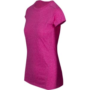 A vibrant pink women's athletic T-shirt with a fitted design and short sleeves. It features a logo on the front.