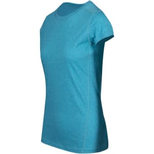A women's athletic T-shirt in teal, featuring a fitted design and short sleeves. It includes a logo.