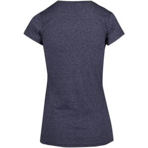 A dark grey women's athletic T-shirt with a fitted design and short sleeves. Features a logo on the back.