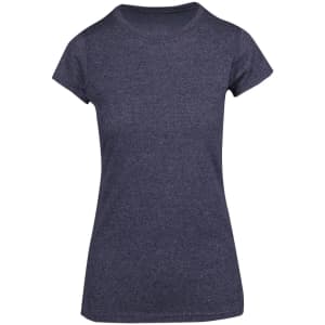 A navy blue women's athletic T-shirt with short sleeves and a fitted design. It features a branding logo.