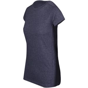 A dark navy women's athletic t-shirt with a rounded neckline and short sleeves, featuring a logo.