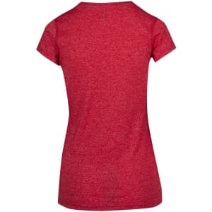 A red athletic T-shirt with short sleeves and a plain back design. It features a logo on the back.