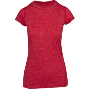 A red athletic women's T-shirt featuring short sleeves and a fitted design, with a logo displayed.