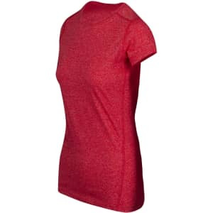 A red women's athletic t-shirt with short sleeves and a fitted design, featuring a logo.