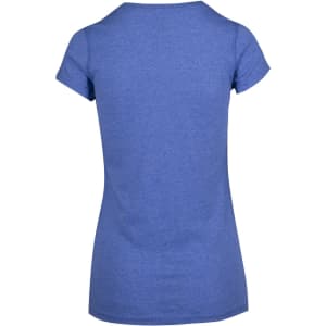 A blue athletic t-shirt featuring short sleeves and a fitted design, with a logo on the back.