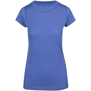 A blue women's athletic t-shirt with short sleeves and a round neckline. It features a branding logo.