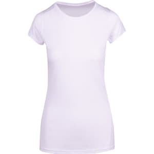 A women's athletic t-shirt in white, featuring a fitted design and short sleeves, with a logo on the front.
