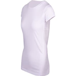 A white women's athletic t-shirt with a fitted design and short sleeves, featuring a logo.