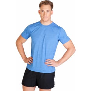 A blue heather T-shirt displayed on a model, paired with black shorts. The shirt has a logo on it.