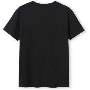 A black unisex T-shirt with a simple design and no visible logos or branding, viewed from the back.