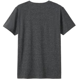A heather dark grey t-shirt with a plain back, featuring a logo on the upper back.