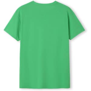 A green heather T-shirt with short sleeves and a rounded neckline. It has a logo on the back.