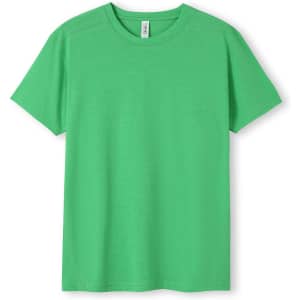 A green heather T-shirt with a classic crew neck and short sleeves, featuring a logo.