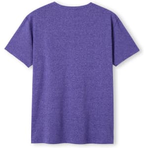 A heather purple unisex T-shirt with a round neckline and short sleeves, featuring a logo.