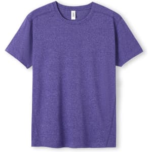 A purple heather T-shirt featuring a classic crew neck and short sleeves, with a logo on the label.