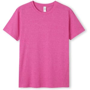 A pink heather T-shirt with a crew neckline and short sleeves, featuring a logo on the chest.