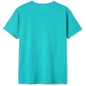 A turquoise heather T-shirt with short sleeves and a round neckline, featuring a logo on the back.