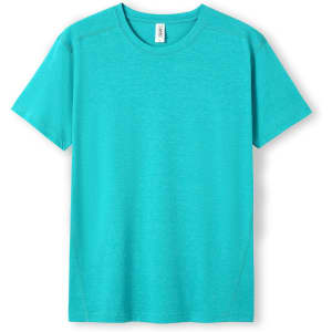 A turquoise unisex T-shirt with a round neck and short sleeves. It features a logo on the label.