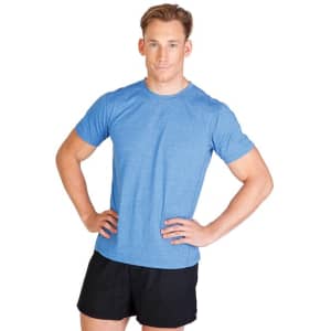 A blue heather T-shirt worn by a man, featuring a logo on the shirt. The model poses with hands on hips.