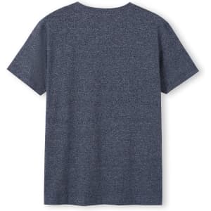 A heather navy blue unisex t-shirt with a round neck and short sleeves, featuring a logo.