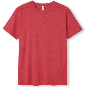 A red heather T-shirt with a round neckline and short sleeves. Features a logo on the label.