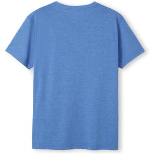 A blue heather T-shirt with a standard crew neck and short sleeves, featuring a logo on the back.