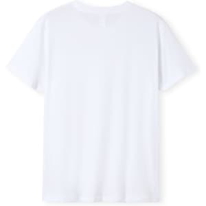 A plain white unisex t-shirt with short sleeves and a simple design at the back. Features a logo.