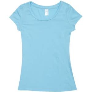 A light blue women's cotton/spandex T-shirt with a scoop neckline and short sleeves. It features a logo label.