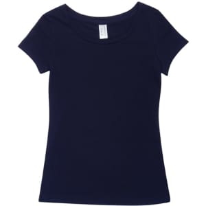 A navy women's cotton/spandex T-shirt with a scoop neckline and short sleeves. It features a tag inside.