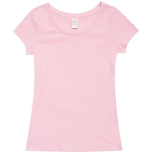 A pink women's cotton/spandex T-shirt with a scoop neckline and short sleeves. It has a tag inside.