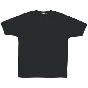 A black men's spandex T-shirt with a round neckline and short raglan sleeves. It features a logo on the label.