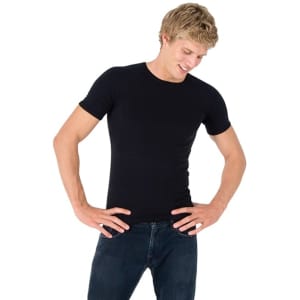 A black men's spandex T-shirt is displayed on a model, who is wearing dark jeans and posing with hands on hips.