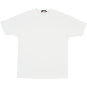 A white men's spandex T-shirt with a round neck and short sleeves, featuring a logo on the tag.
