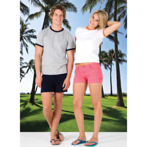 A grey and white unisex ringer T-shirt paired with navy shorts, and a white T-shirt with orange trim, worn with pink shorts.