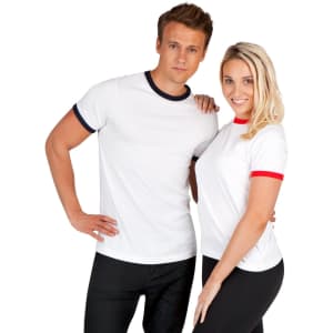 A white ringer t-shirt for men and women, featuring navy and red trim around the collars. Includes a logo.