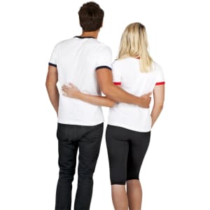A white unisex ringer T-shirt with navy and red trim, worn by a man and woman from the back.