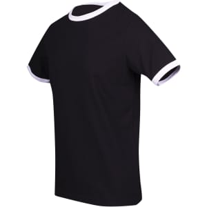 A black unisex ringer T-shirt with white collar and sleeve trim. It features a logo on the sleeve.